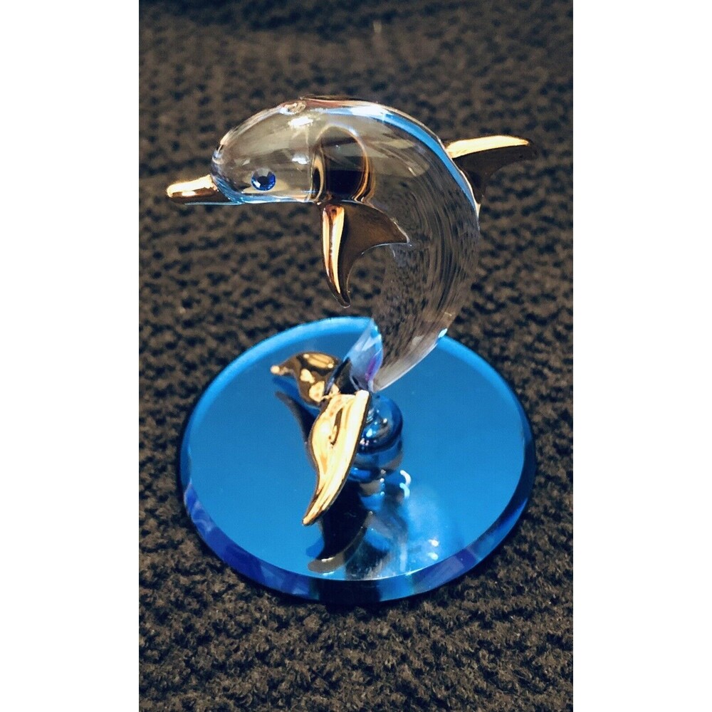 Glass Baron Collectible Crystal Dolphin 2.5” Figurine w/ Gold Trim Accent 280G-B